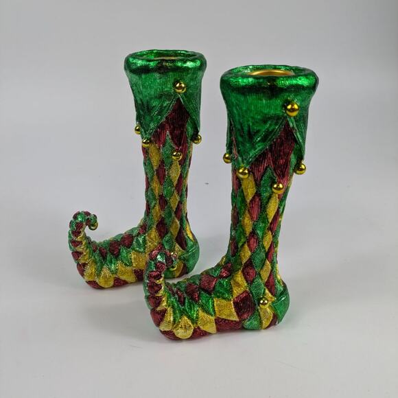 Elf Shoe Candlestick Holders 6.5" Christmas Holiday Decor Jester Mardi Gras Gold - Picture 1 of 15
